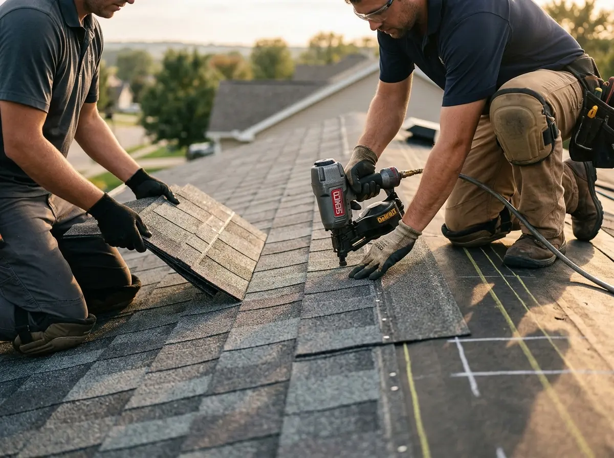 Professional roofer working on a residential roof in Lower Burrell